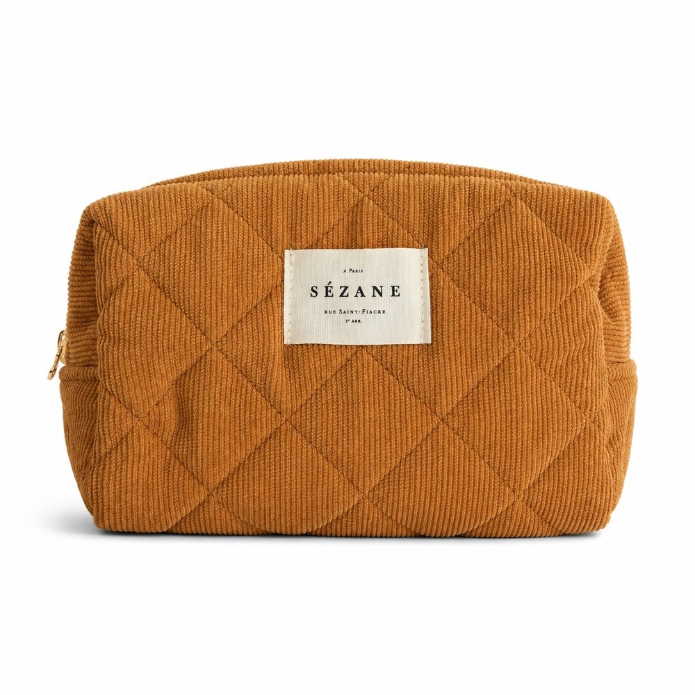 Sezane OS Pouch Quilted Corduroy Toiletry Bag Camel Brown Patchwork Lining Boho